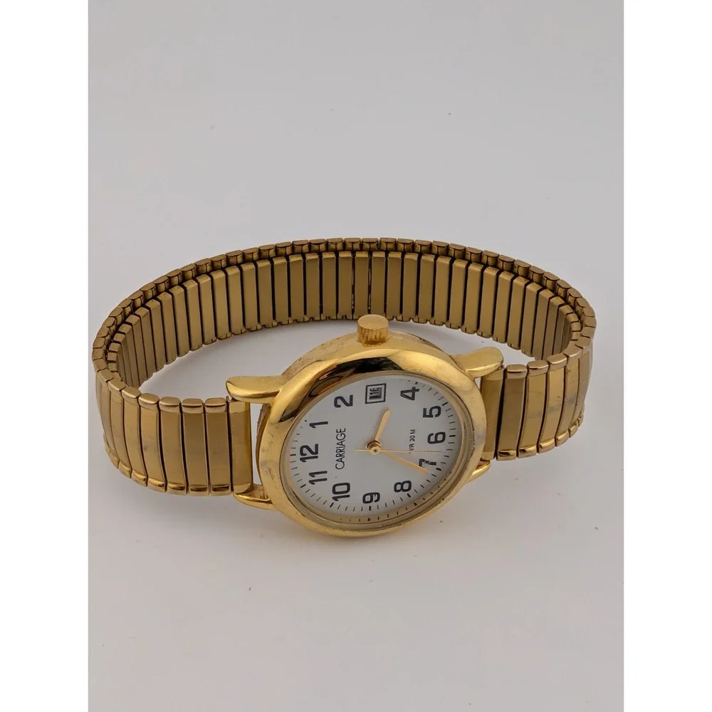 Carriage Timex Watch Women‎ 28mm Case Gold Stretch Band Date- New Battery